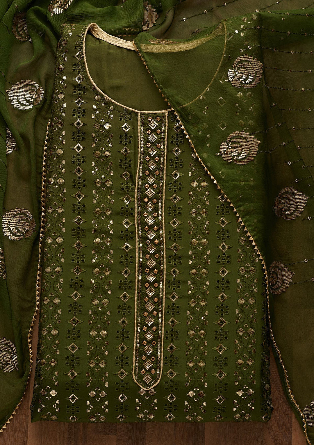 Leaf Green Sequins Georgette Unstitched Salwar Suit-Koskii