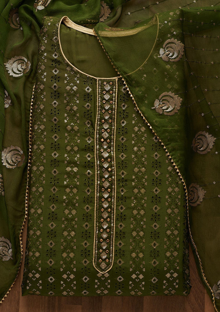 Leaf Green Sequins Georgette Unstitched Salwar Suit-Koskii