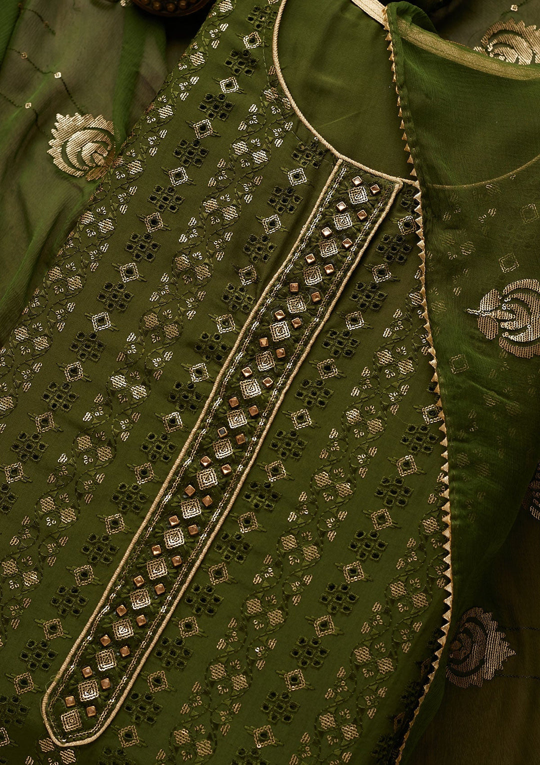 Leaf Green Sequins Georgette Unstitched Salwar Suit-Koskii