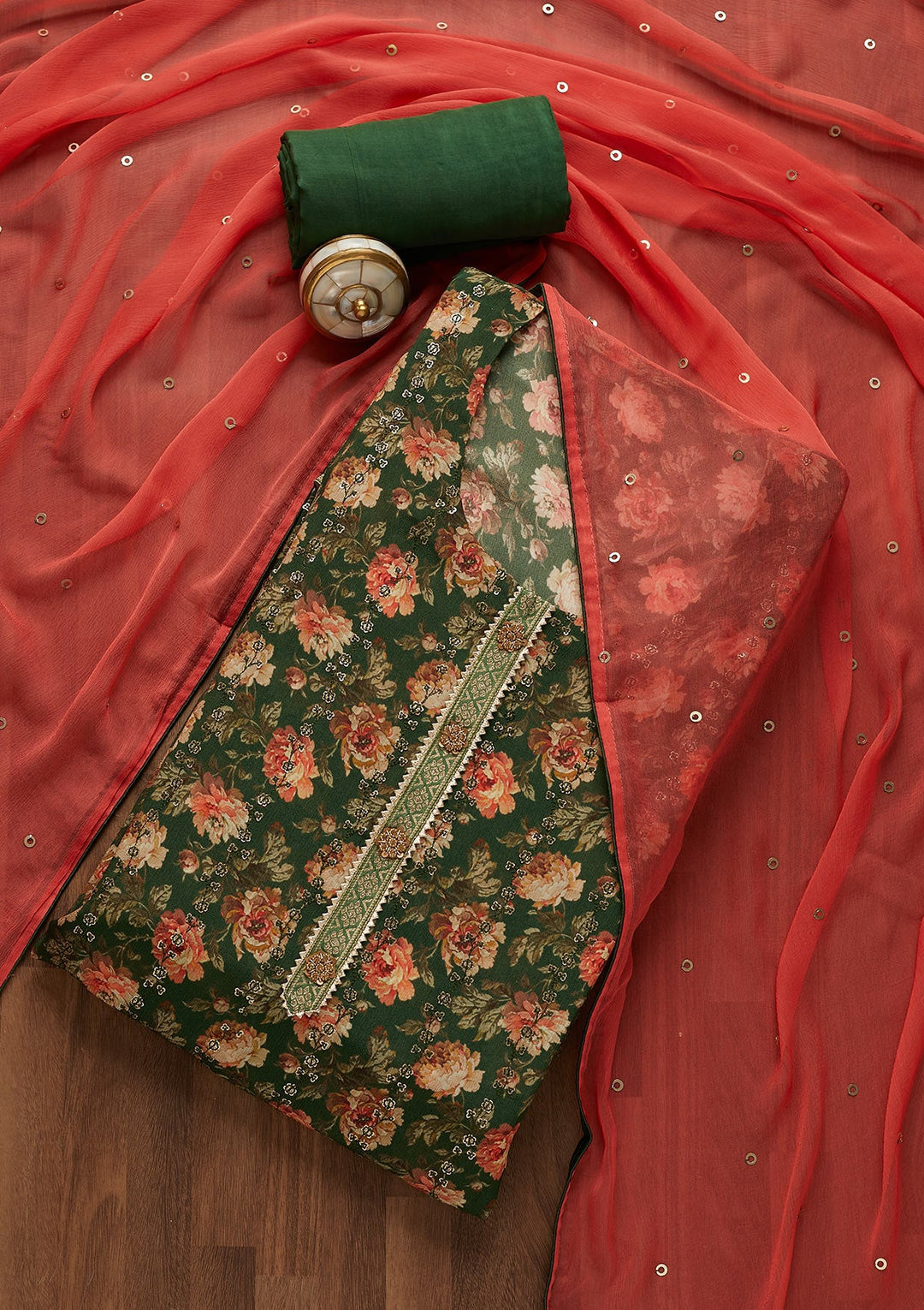 Leaf Green Sequins Georgette Unstitched Salwar Suit-Koskii