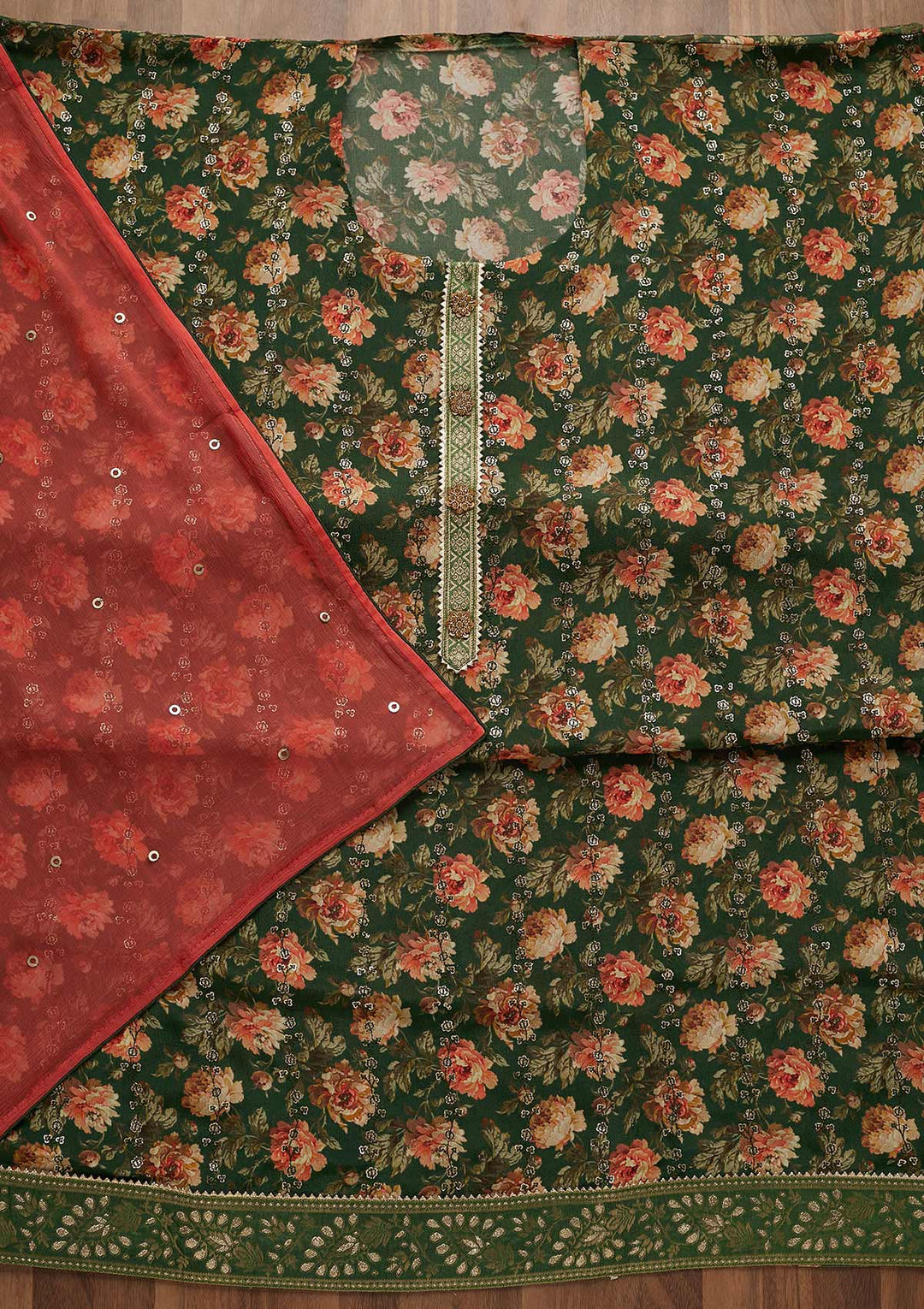 Leaf Green Sequins Georgette Unstitched Salwar Suit-Koskii