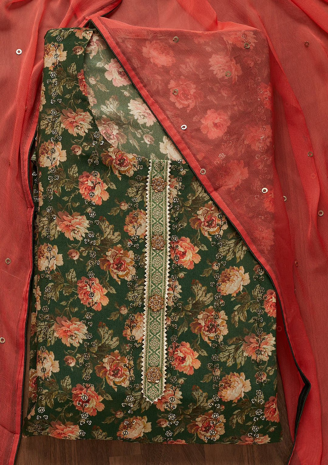 Leaf Green Sequins Georgette Unstitched Salwar Suit-Koskii