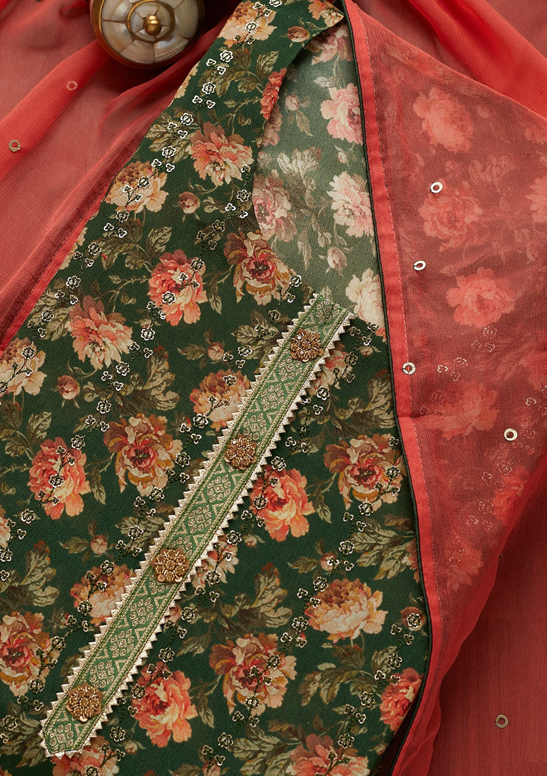 Leaf Green Sequins Georgette Unstitched Salwar Suit-Koskii