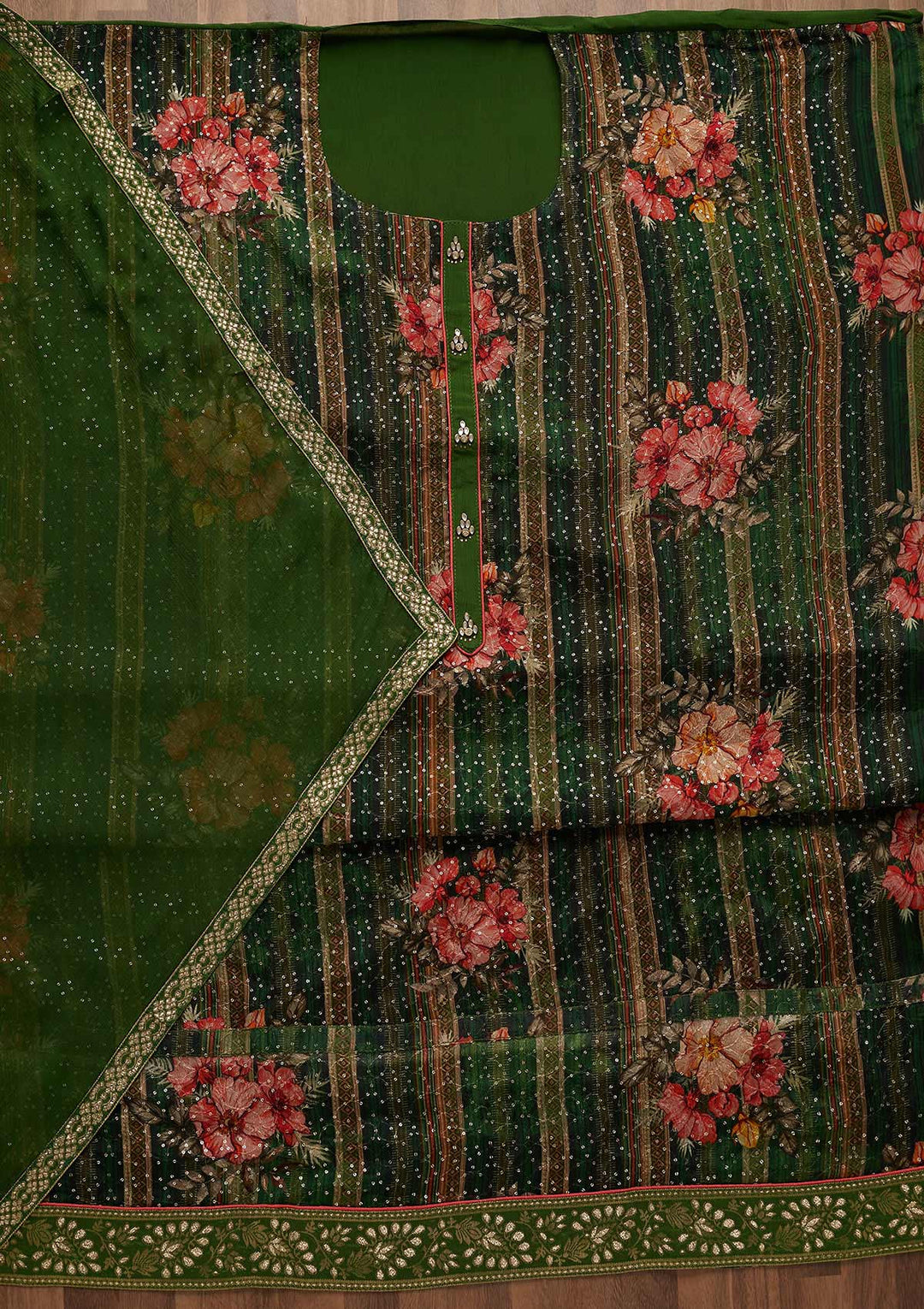 Leaf Green Sequins Georgette Unstitched Salwar Suit-Koskii