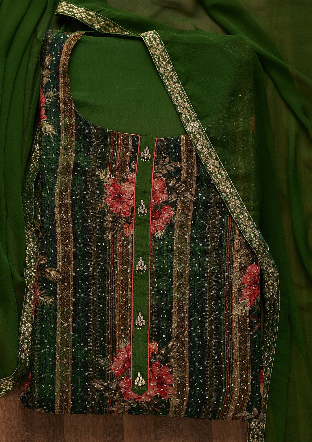 Leaf Green Sequins Georgette Unstitched Salwar Suit-Koskii