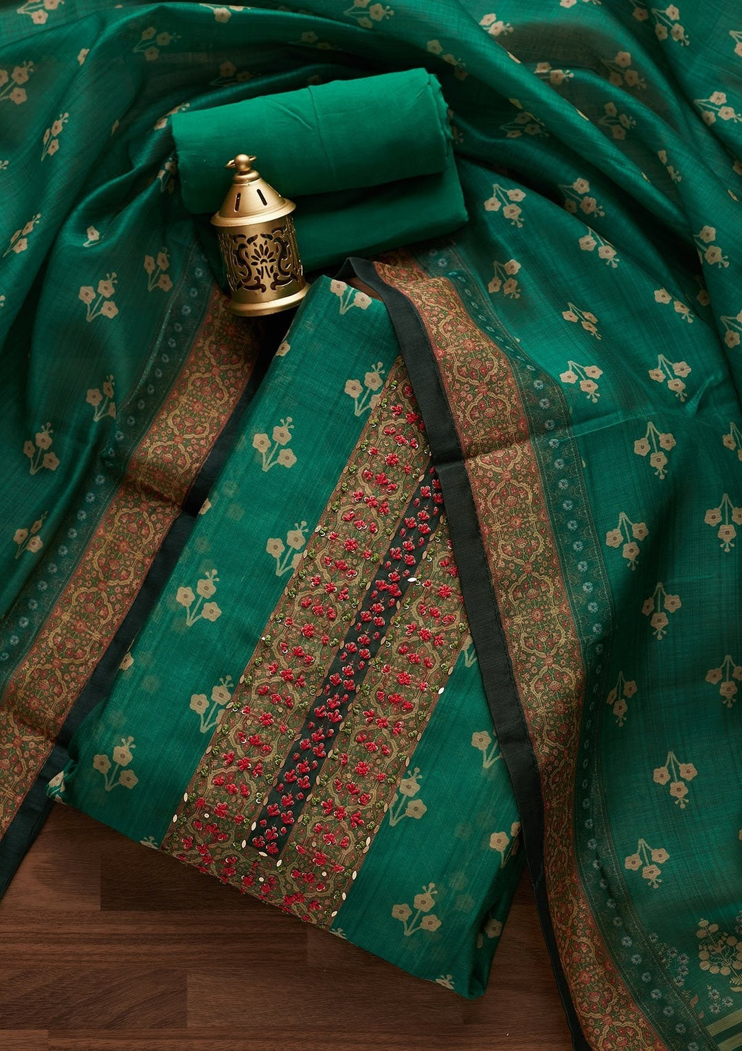 Leaf Green Sequins Semi Crepe Designer Unstitched Salwar Suit - Koskii
