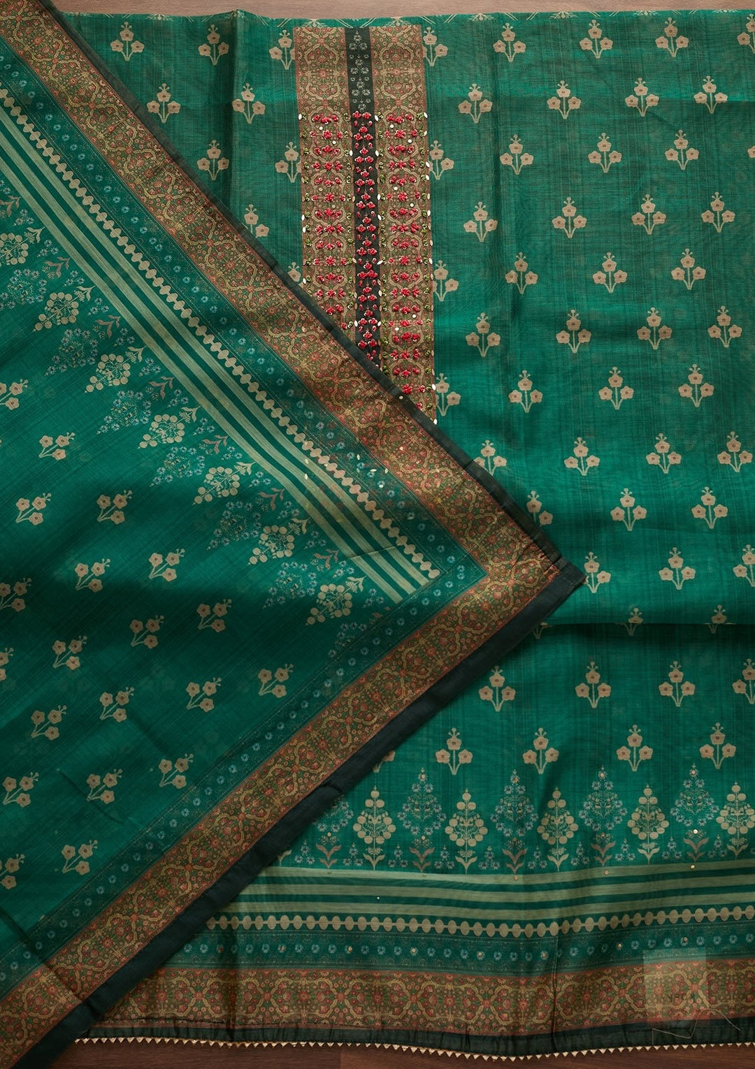 Leaf Green Sequins Semi Crepe Designer Unstitched Salwar Suit - Koskii