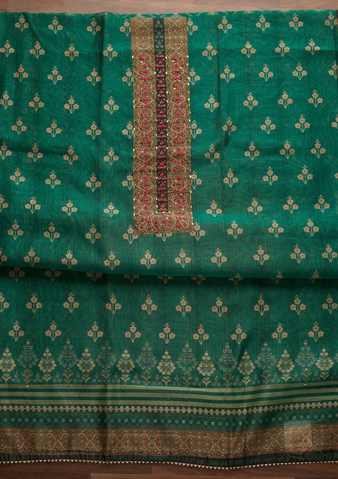 Leaf Green Sequins Semi Crepe Designer Unstitched Salwar Suit - Koskii