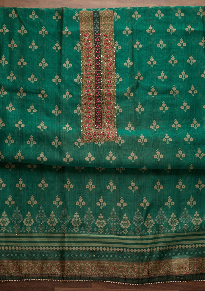 Leaf Green Sequins Semi Crepe Designer Unstitched Salwar Suit - Koskii