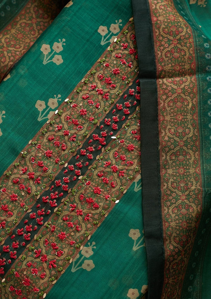 Leaf Green Sequins Semi Crepe Designer Unstitched Salwar Suit - Koskii