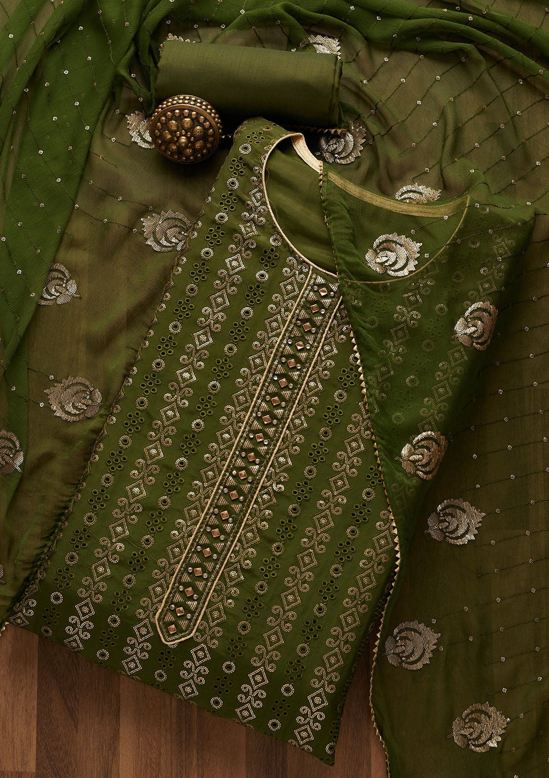Leaf Green Sequins Semi Crepe Unstitched Salwar Suit-Koskii