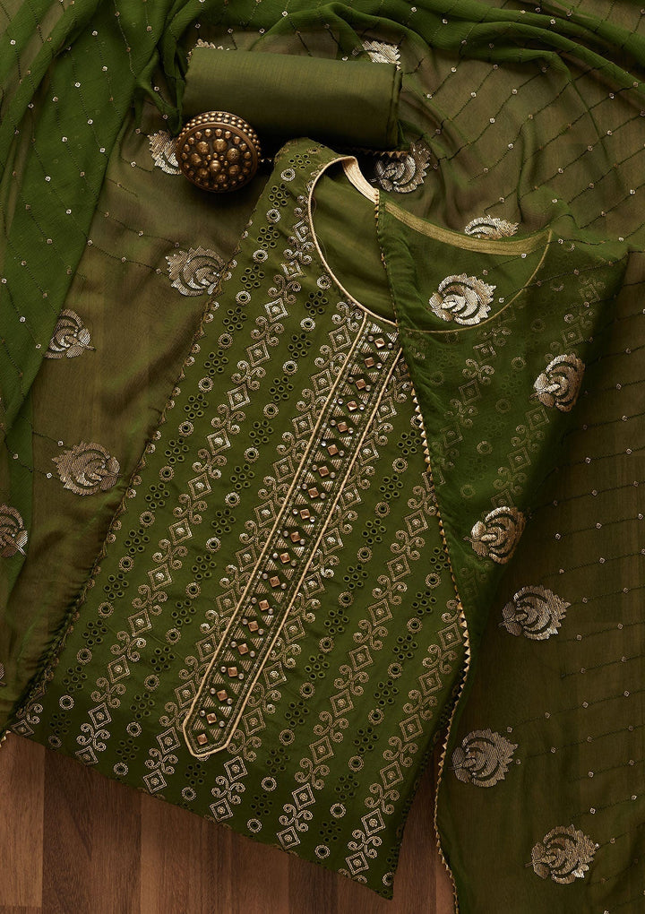 Leaf Green Sequins Semi Crepe Unstitched Salwar Suit-Koskii