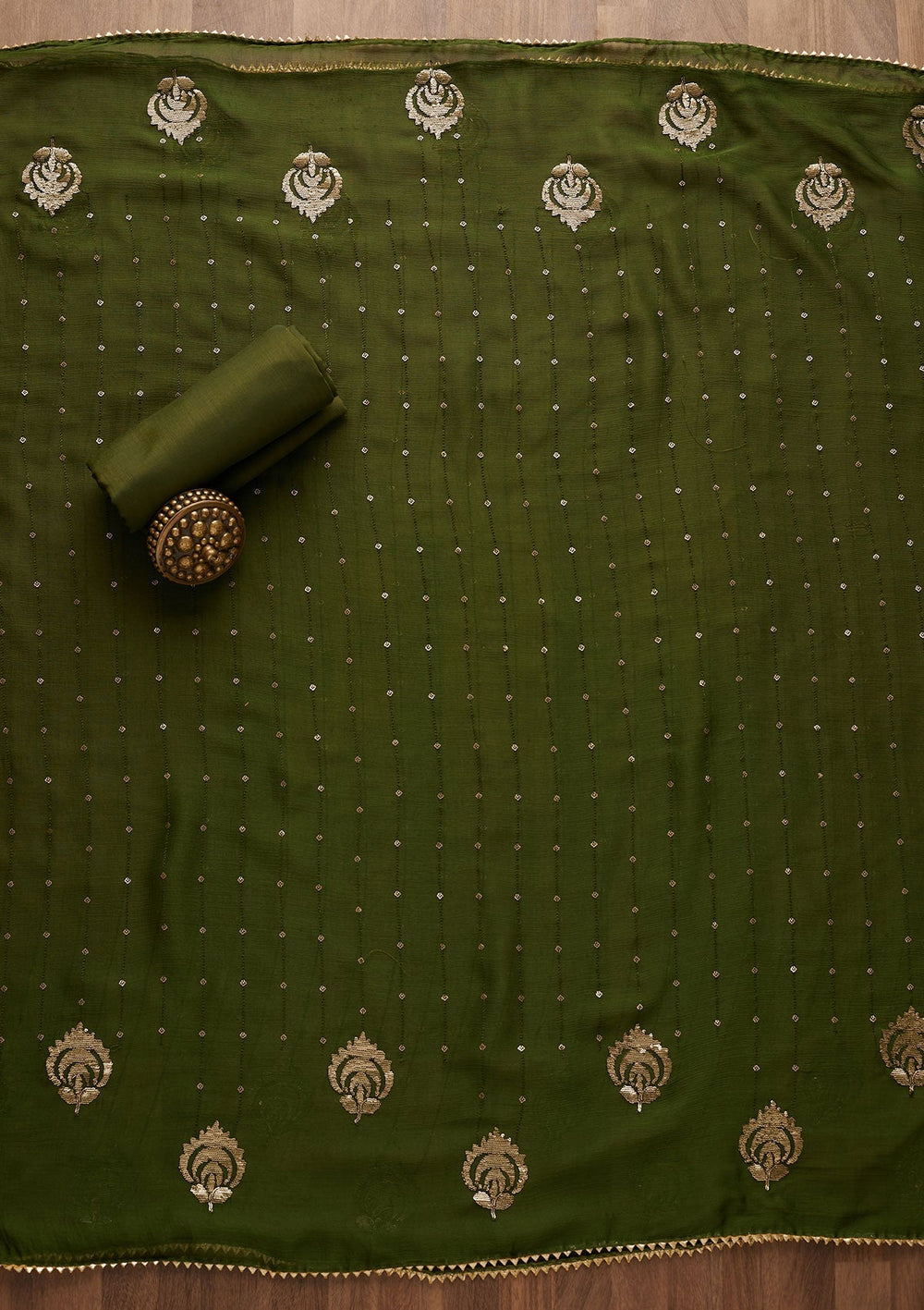 Leaf Green Sequins Semi Crepe Unstitched Salwar Suit-Koskii