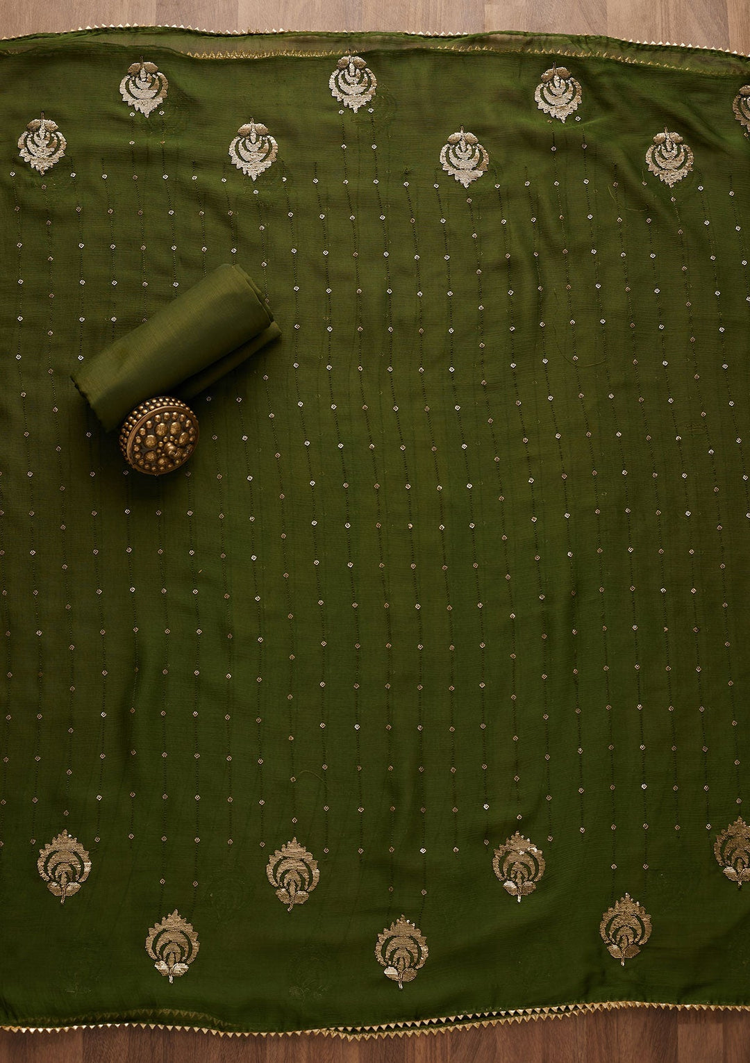 Leaf Green Sequins Semi Crepe Unstitched Salwar Suit-Koskii