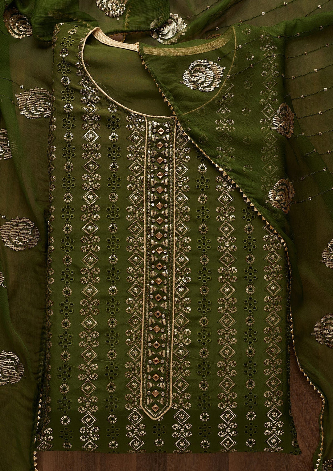 Leaf Green Sequins Semi Crepe Unstitched Salwar Suit-Koskii