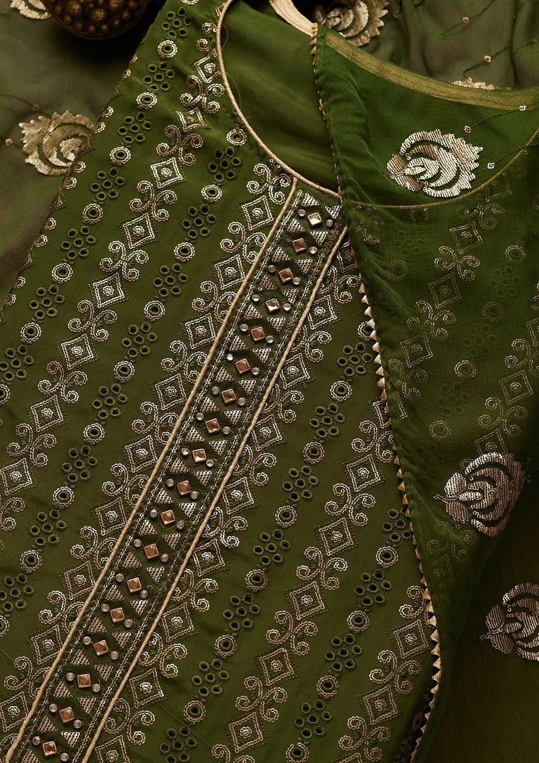 Leaf Green Sequins Semi Crepe Unstitched Salwar Suit-Koskii
