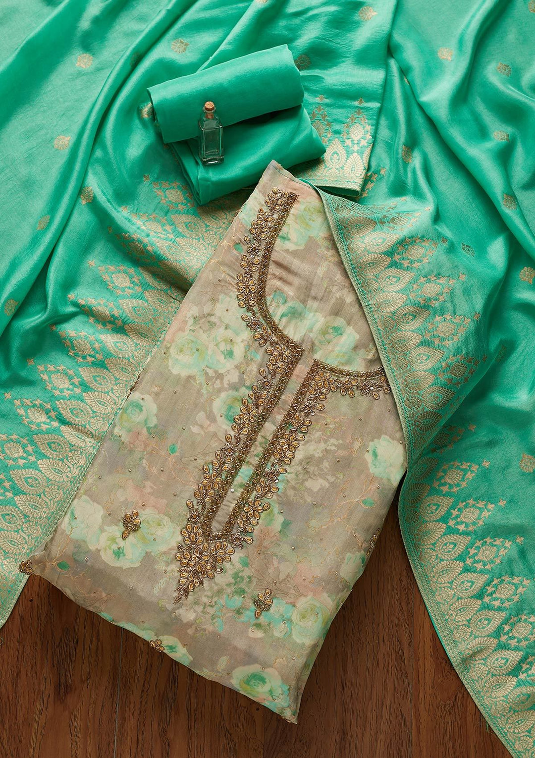 Leaf Green Stonework Chanderi Designer Unstitched Salwar Suit - koskii