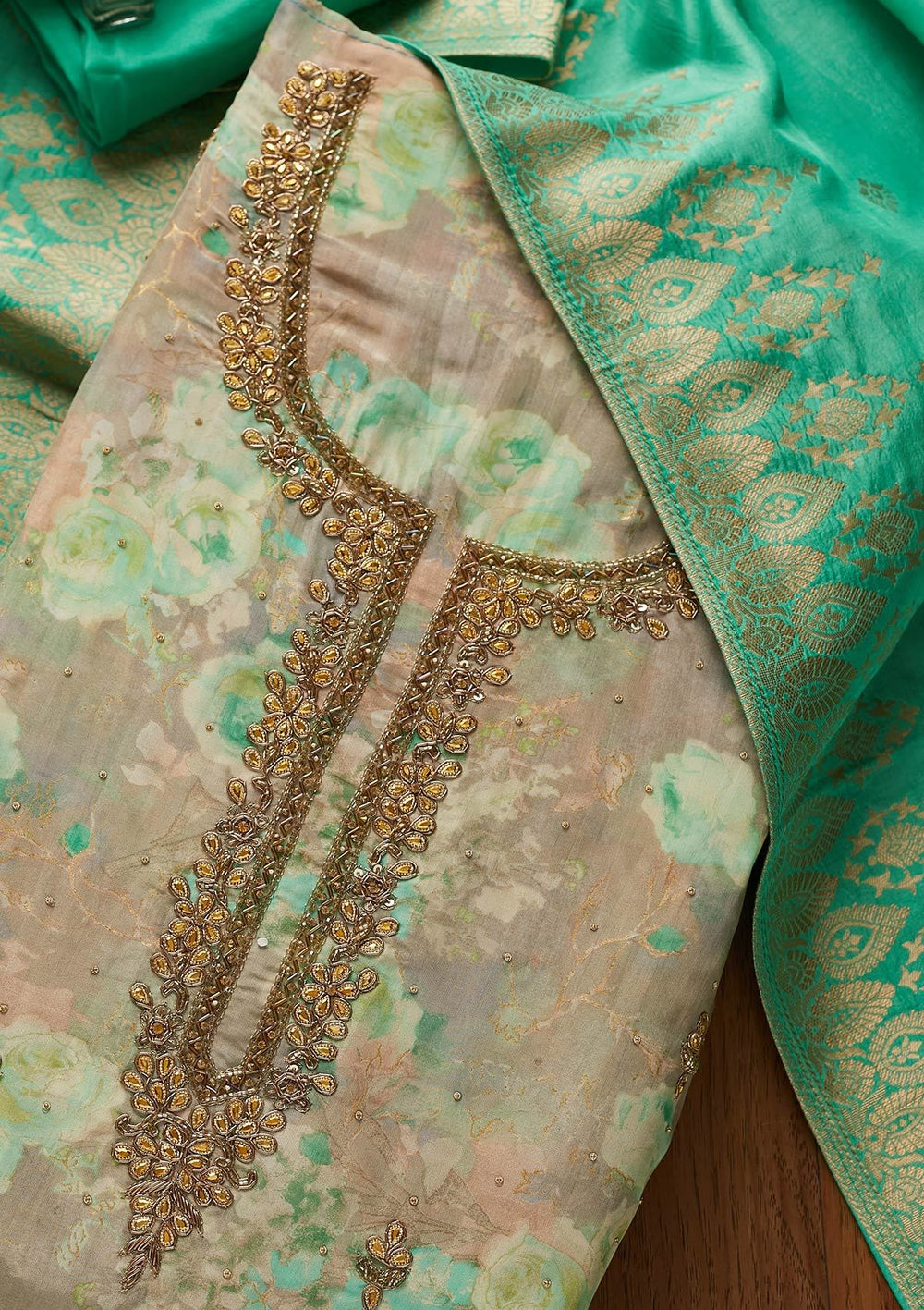 Leaf Green Stonework Chanderi Designer Unstitched Salwar Suit - koskii