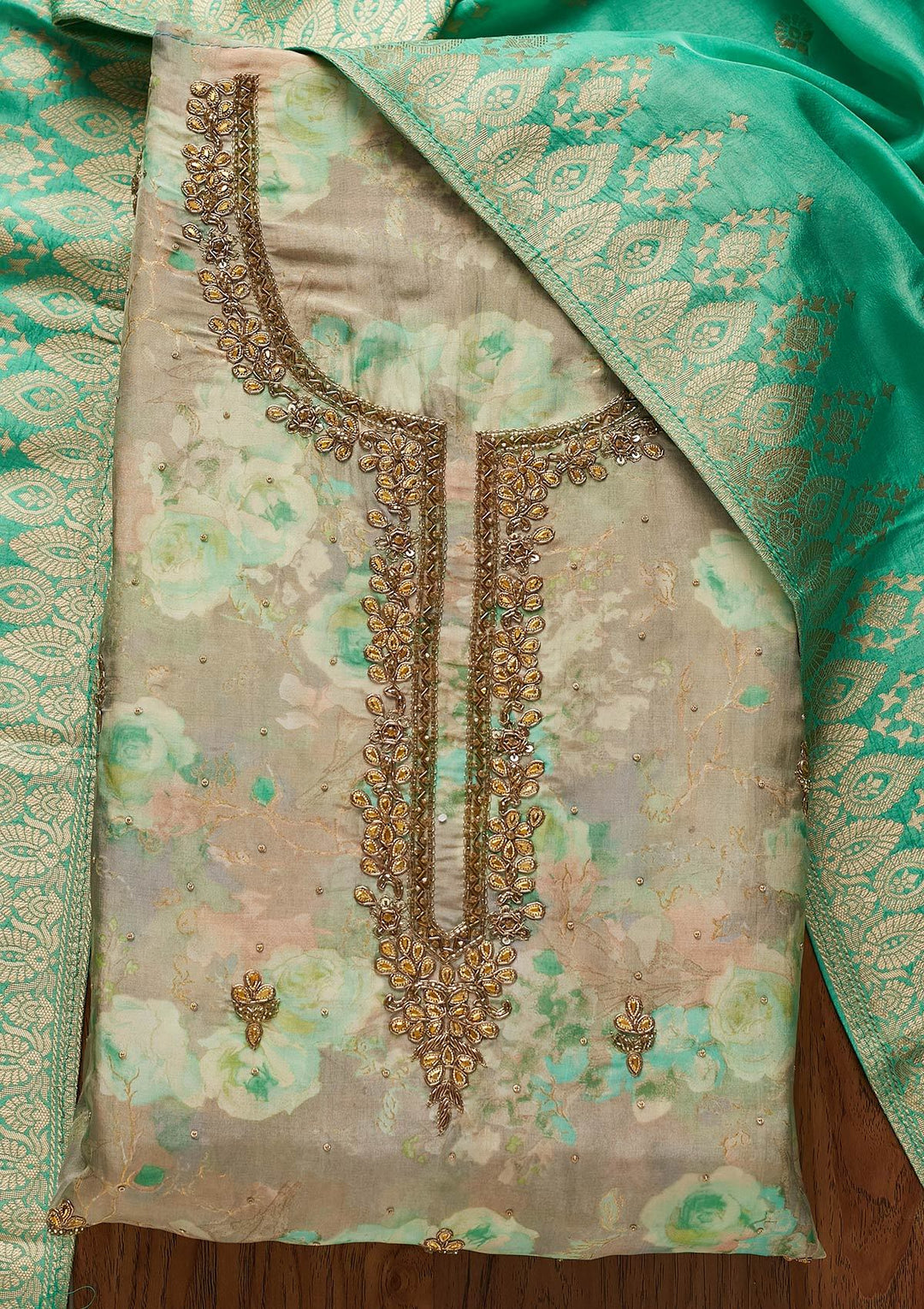 Leaf Green Stonework Chanderi Designer Unstitched Salwar Suit - koskii