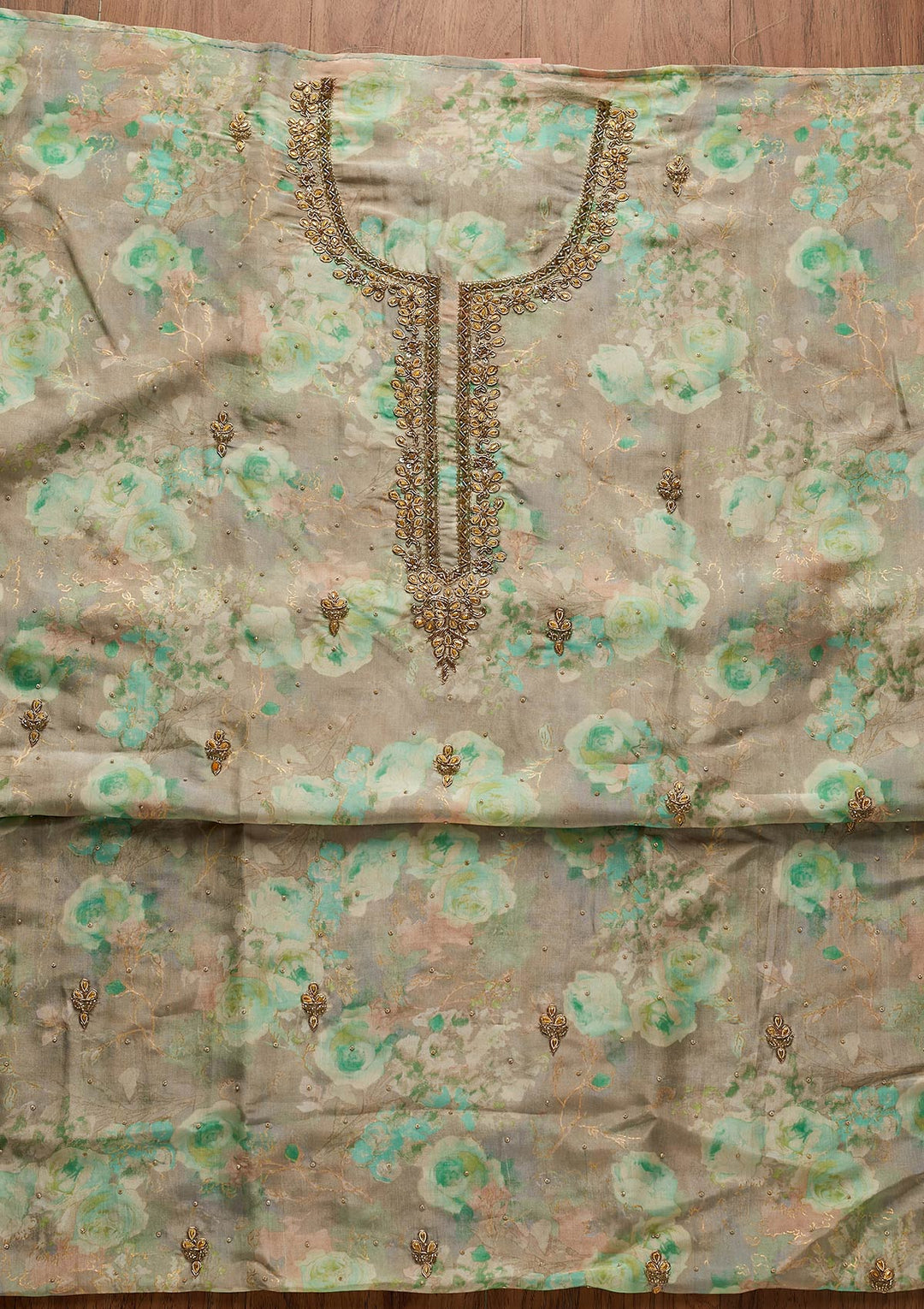 Leaf Green Stonework Chanderi Designer Unstitched Salwar Suit - koskii