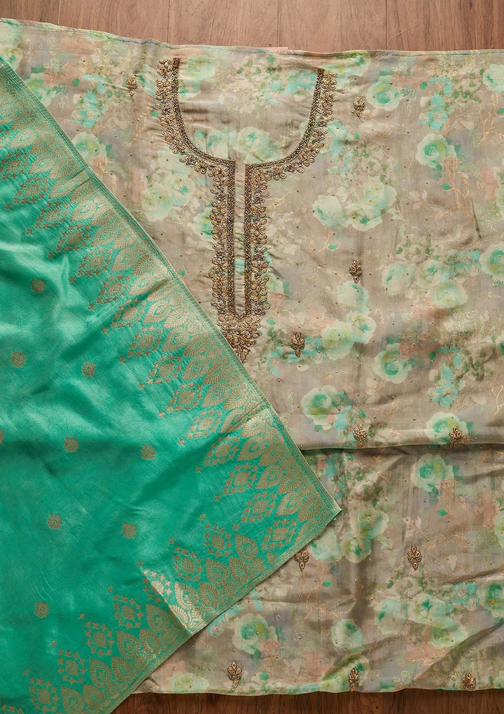 Leaf Green Stonework Chanderi Designer Unstitched Salwar Suit - koskii