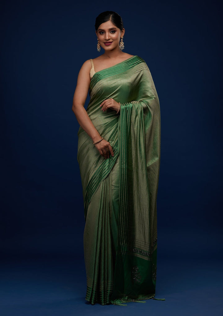 Leaf Green Swarovski Semi Crepe Designer Saree - Koskii