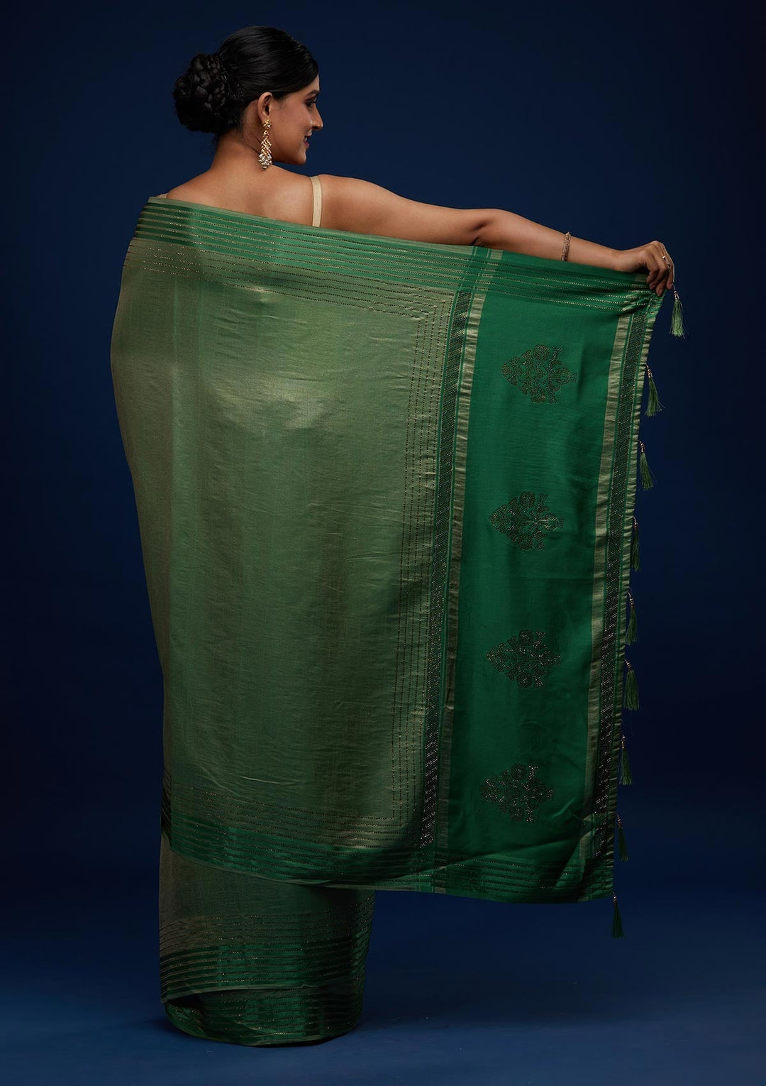 Leaf Green Swarovski Semi Crepe Designer Saree - Koskii