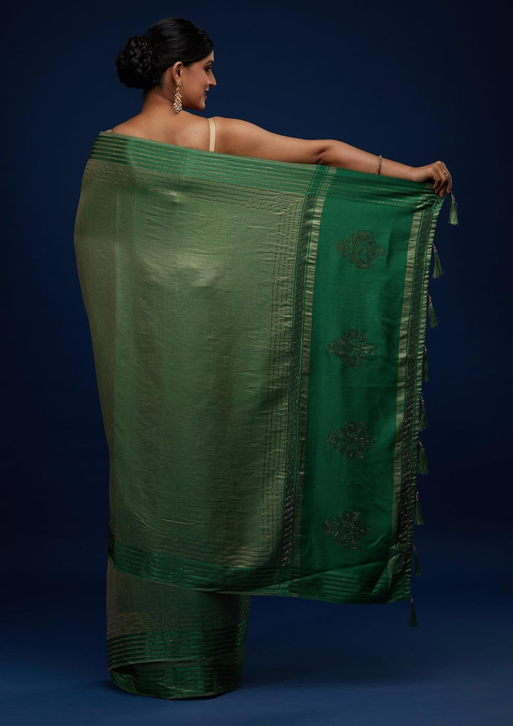 Leaf Green Swarovski Semi Crepe Designer Saree - Koskii