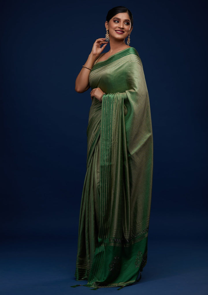 Leaf Green Swarovski Semi Crepe Designer Saree - Koskii