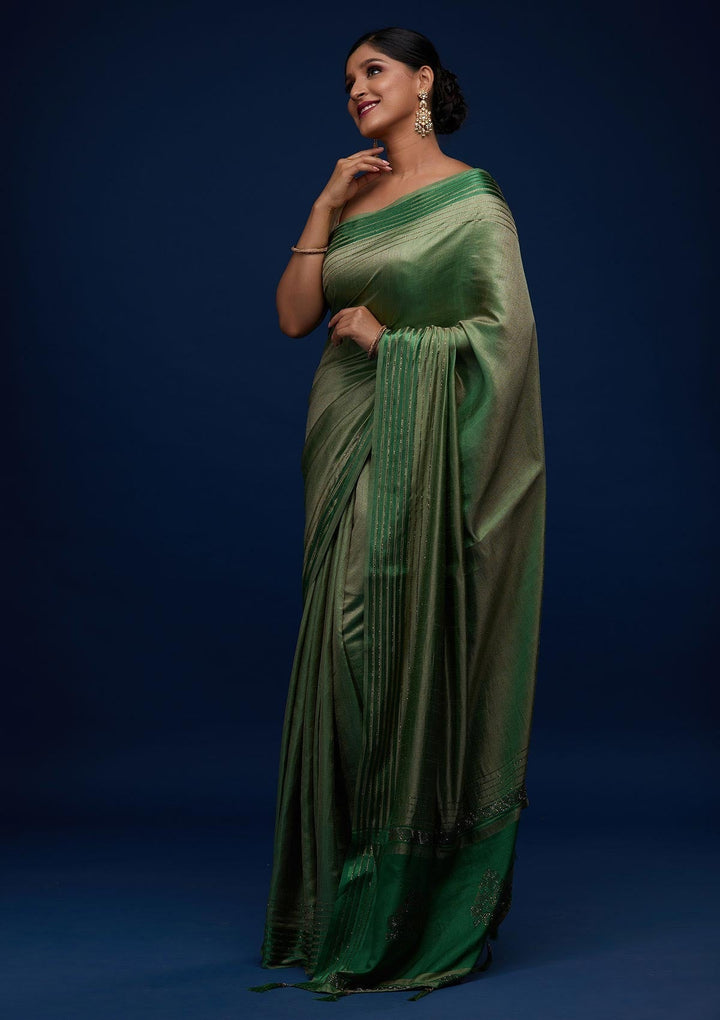 Leaf Green Swarovski Semi Crepe Designer Saree - Koskii