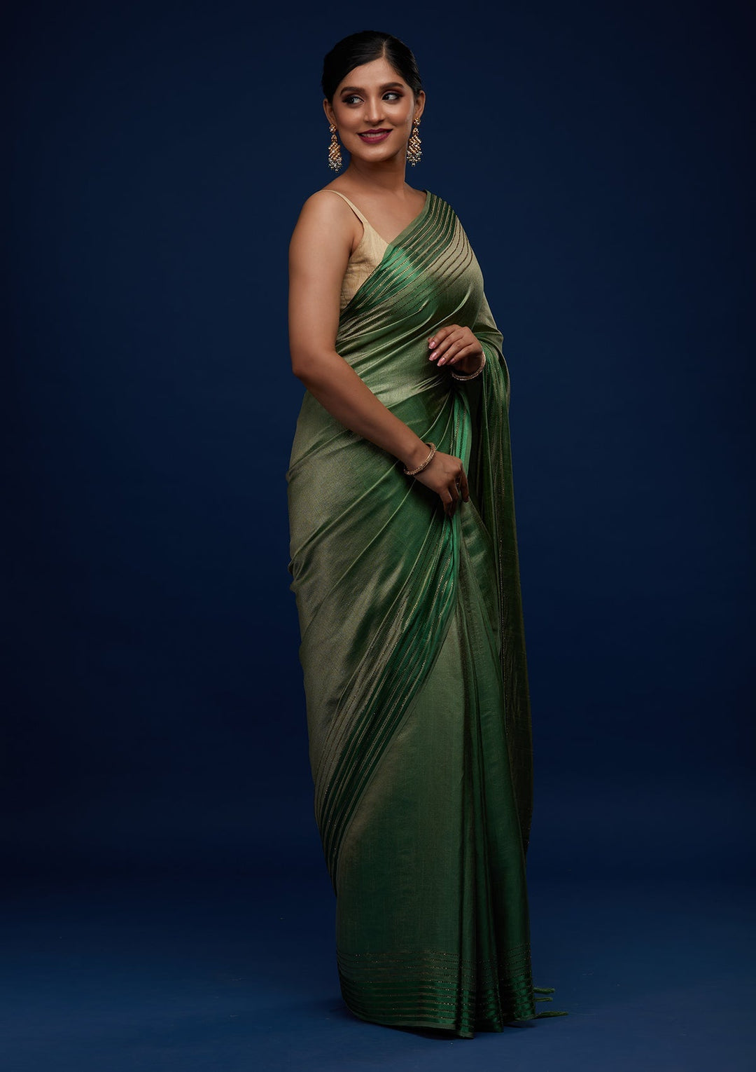 Leaf Green Swarovski Semi Crepe Designer Saree - Koskii