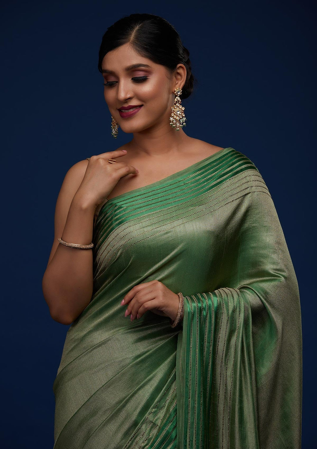 Leaf Green Swarovski Semi Crepe Designer Saree - Koskii
