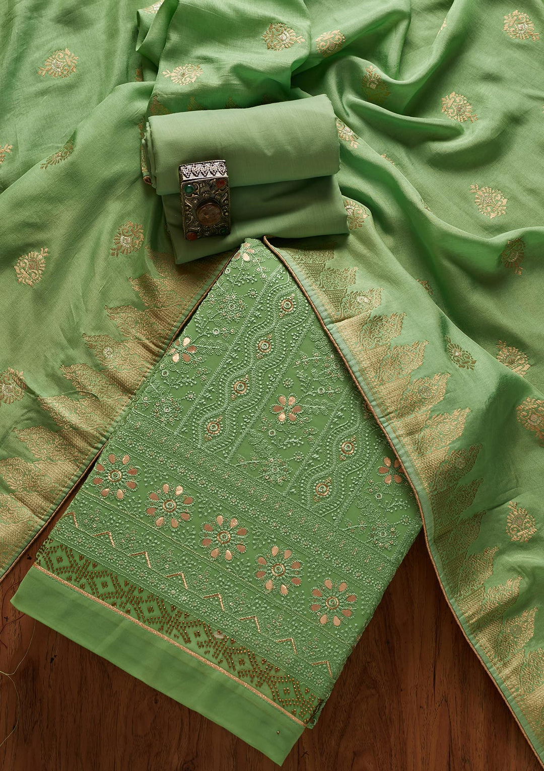 Leaf Green Threadwork Georgette Designer Semi-Stitched Salwar Suit - koskii