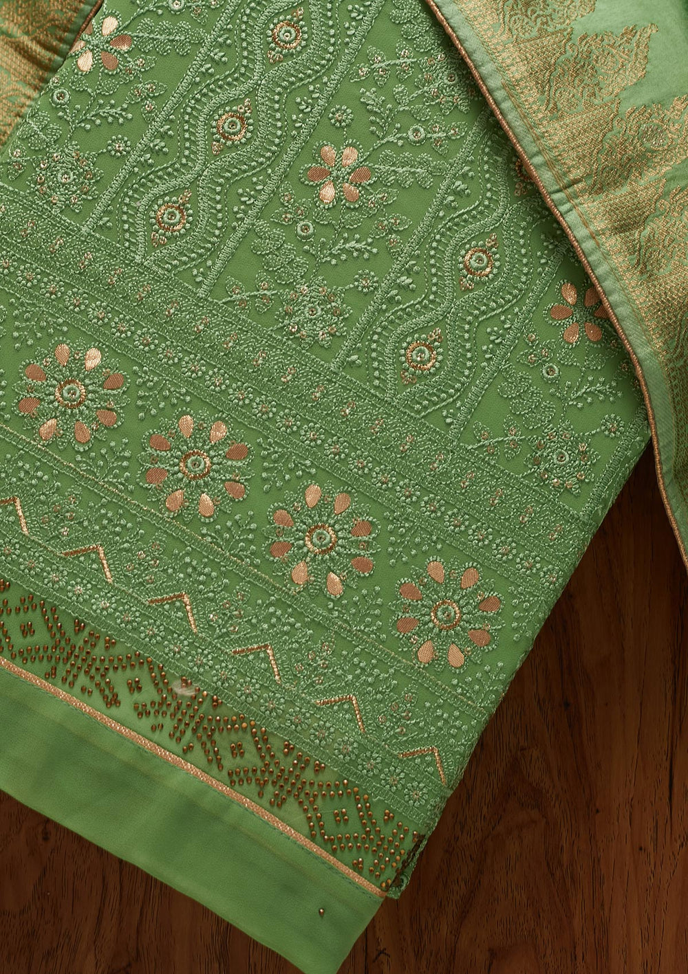 Leaf Green Threadwork Georgette Designer Semi-Stitched Salwar Suit - koskii