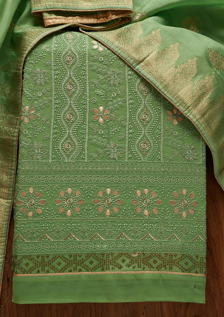 Leaf Green Threadwork Georgette Designer Semi-Stitched Salwar Suit - koskii