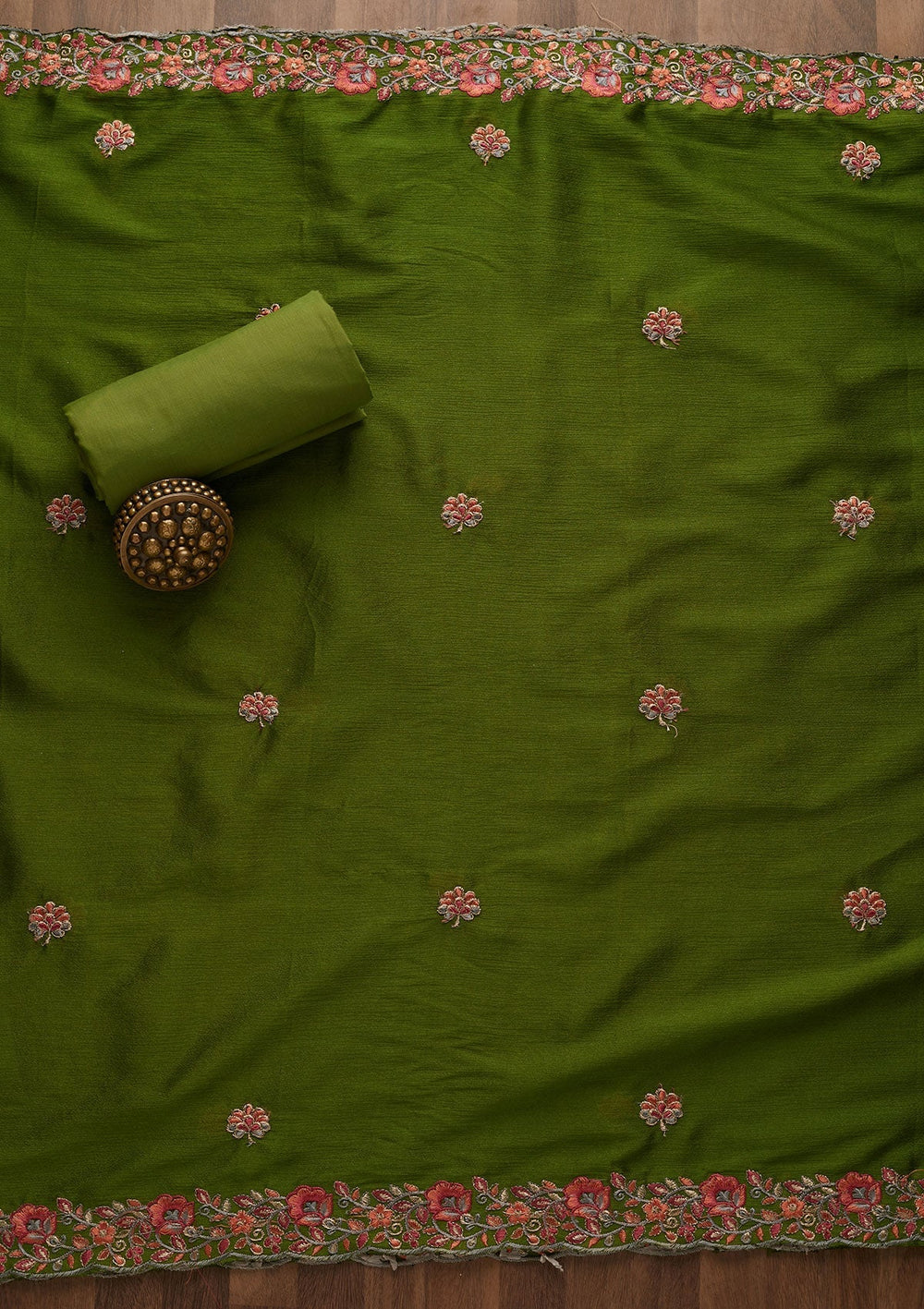 Leaf Green Threadwork Semi Crepe Unstitched Salwar Suit-Koskii