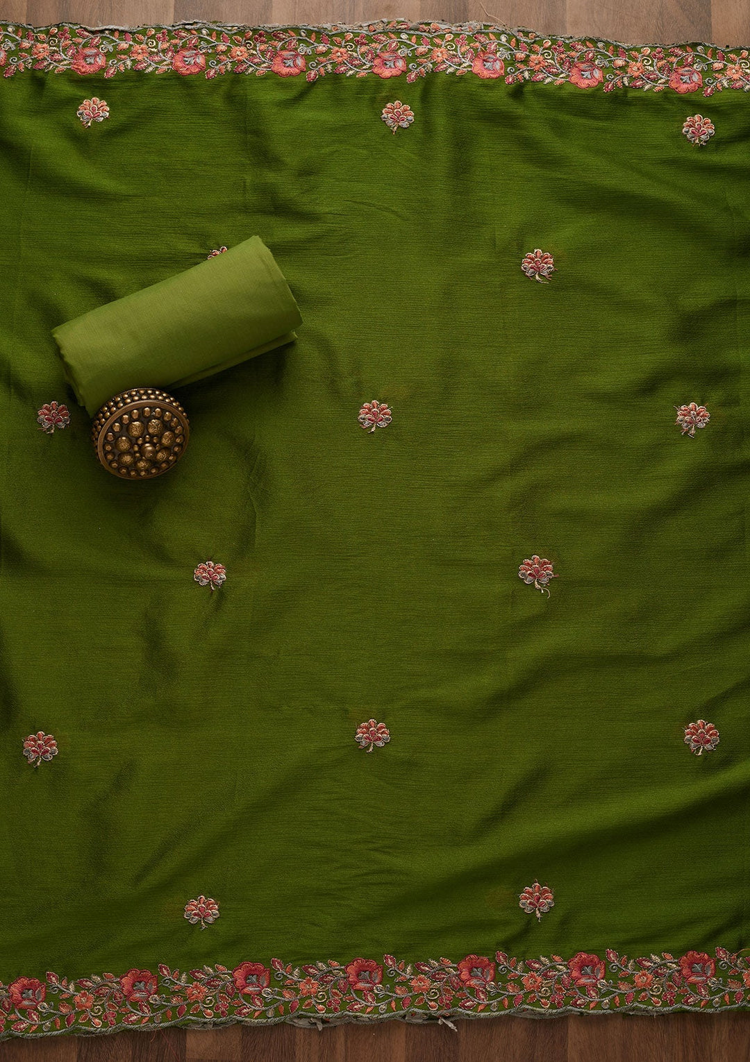 Leaf Green Threadwork Semi Crepe Unstitched Salwar Suit-Koskii
