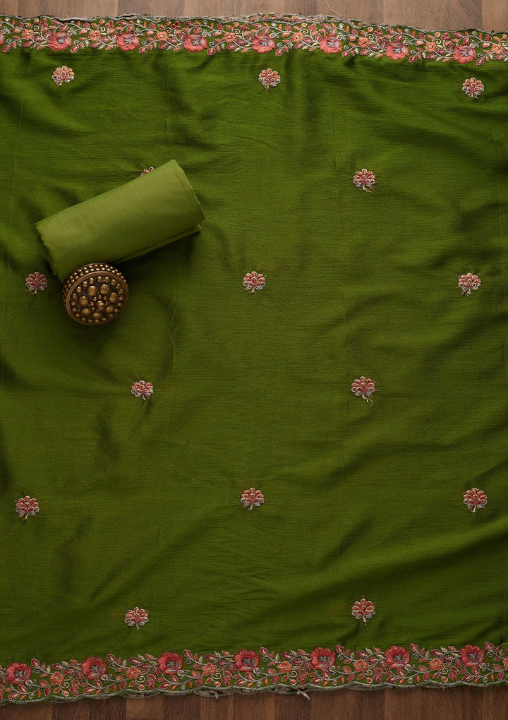 Leaf Green Threadwork Semi Crepe Unstitched Salwar Suit-Koskii