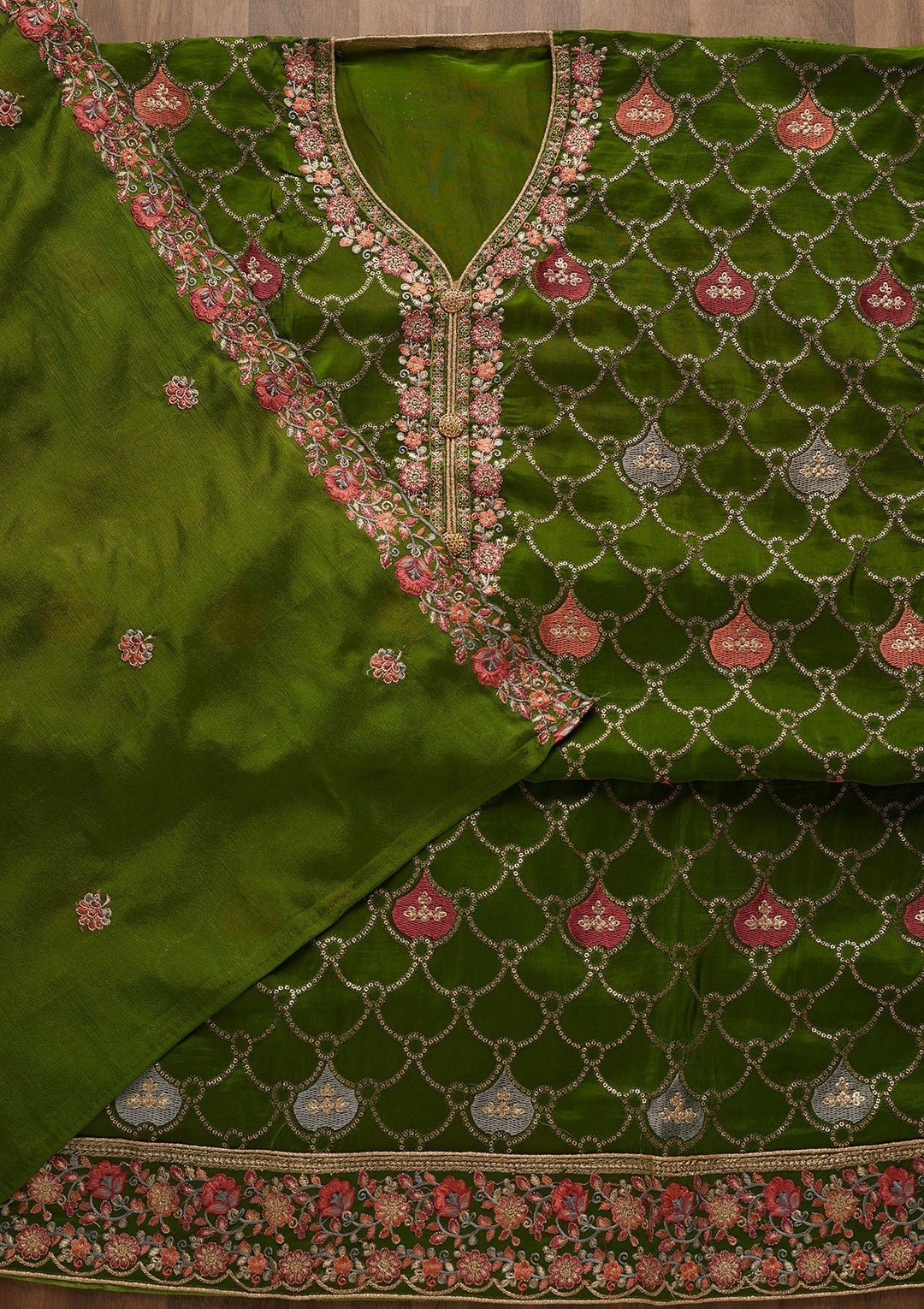 Leaf Green Threadwork Semi Crepe Unstitched Salwar Suit-Koskii