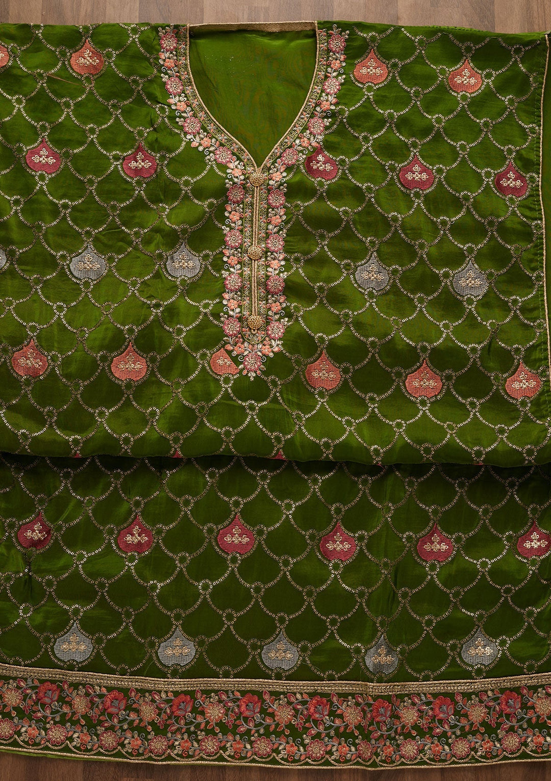 Leaf Green Threadwork Semi Crepe Unstitched Salwar Suit-Koskii