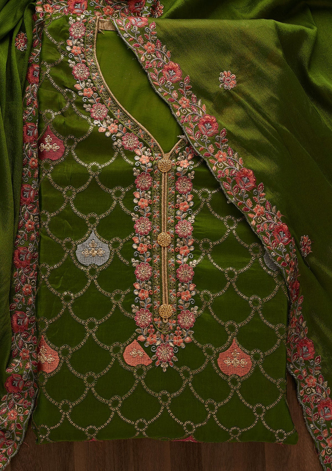 Leaf Green Threadwork Semi Crepe Unstitched Salwar Suit-Koskii