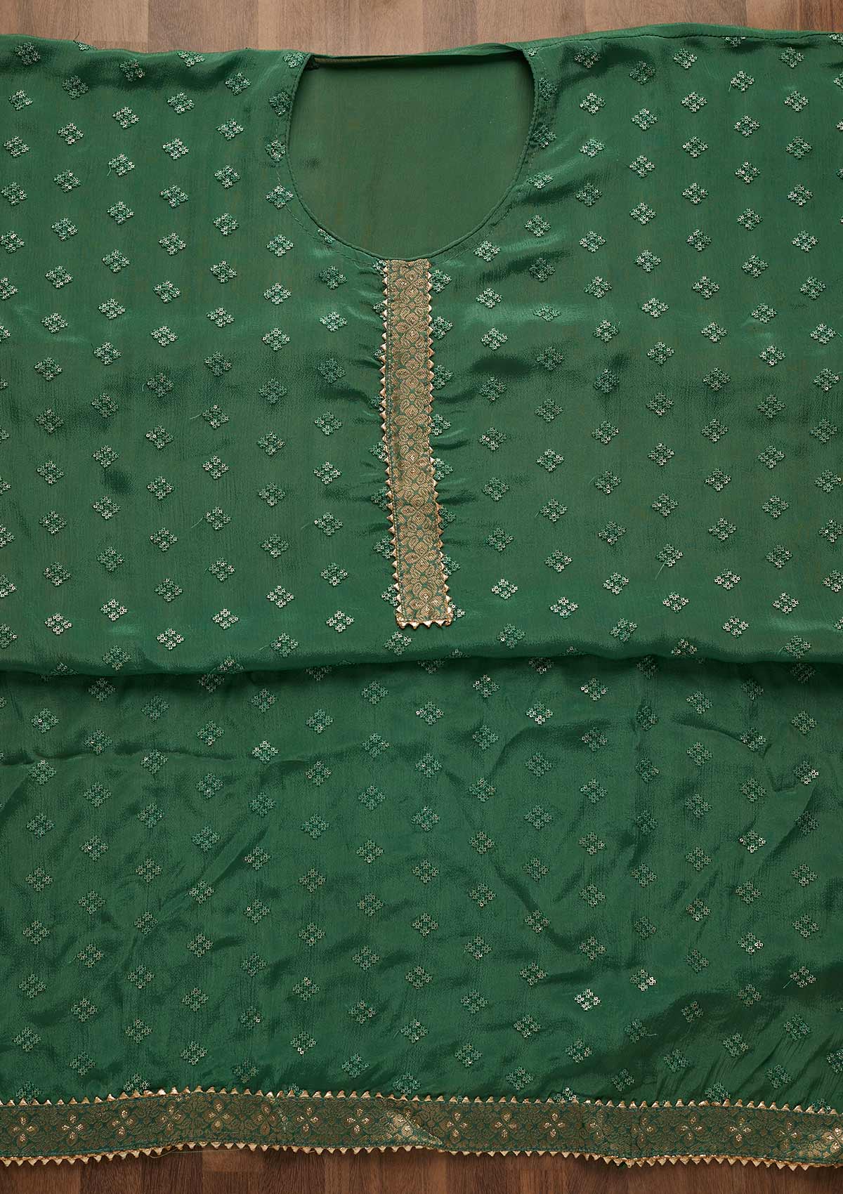 Leaf Green Threadwork Semi Crepe Unstitched Salwar Suit-Koskii