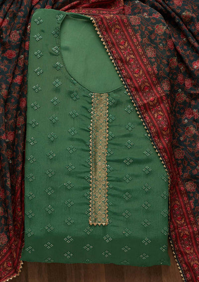Leaf Green Threadwork Semi Crepe Unstitched Salwar Suit-Koskii