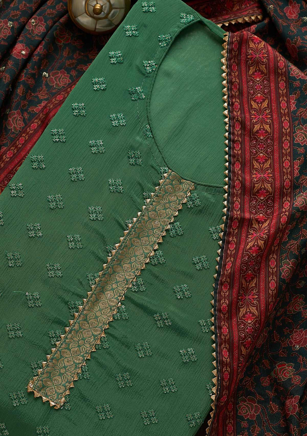 Leaf Green Threadwork Semi Crepe Unstitched Salwar Suit-Koskii