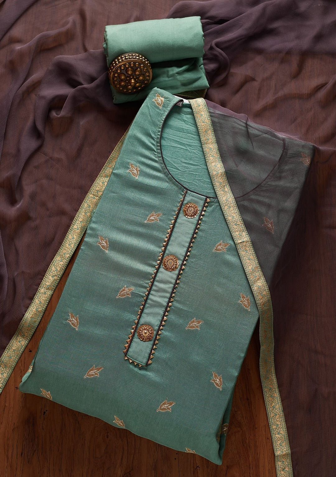 Leaf Green Zariwork Art Silk Designer Semi-Stitched Salwar Suit - koskii