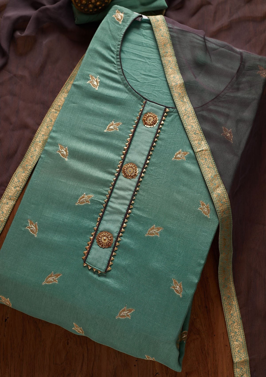 Leaf Green Zariwork Art Silk Designer Semi-Stitched Salwar Suit - koskii