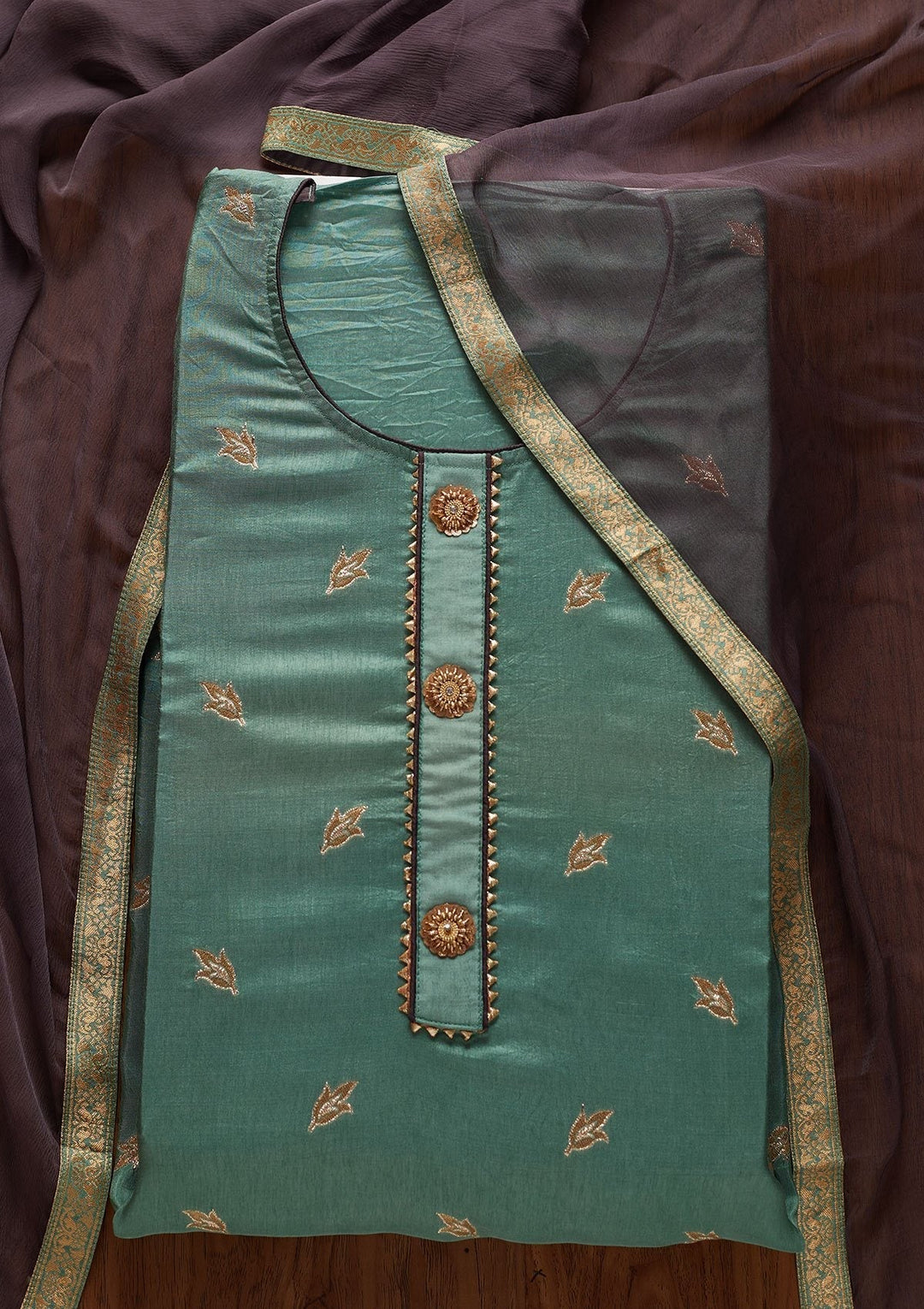 Leaf Green Zariwork Art Silk Designer Semi-Stitched Salwar Suit - koskii