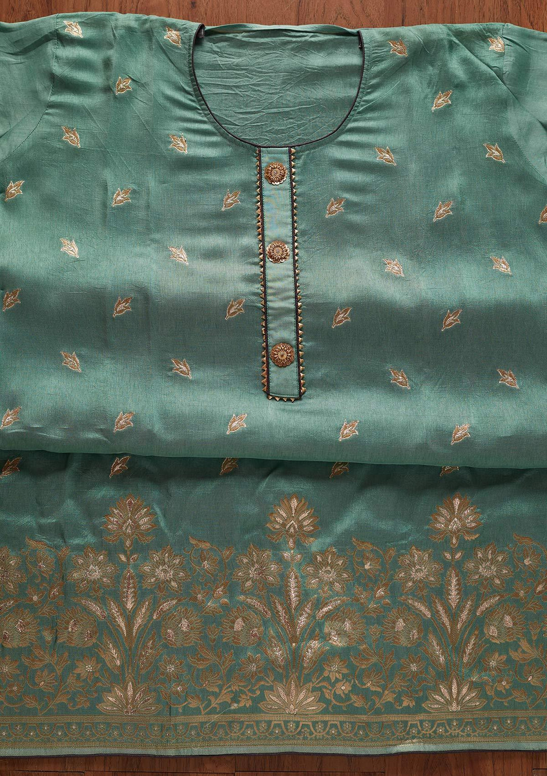 Leaf Green Zariwork Art Silk Designer Semi-Stitched Salwar Suit - koskii