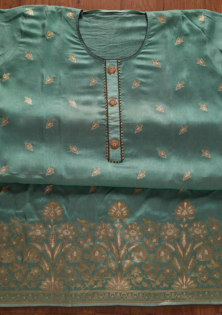 Leaf Green Zariwork Art Silk Designer Semi-Stitched Salwar Suit - koskii