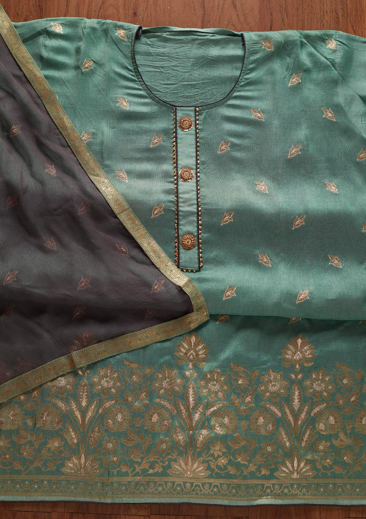 Leaf Green Zariwork Art Silk Designer Semi-Stitched Salwar Suit - koskii